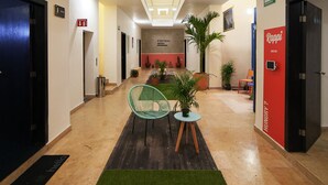 Un pasillo con tragaluz, una mesa de recepción, una silla verde y una pared roja con un cartel.