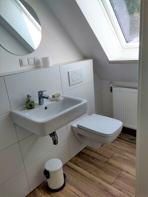Dusche, Haartrockner, Seife, Toilettenpapier