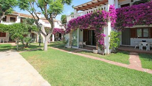 Une cour avec un bâtiment blanc, de l’herbe verte et une pergola recouverte de fleurs violettes.
