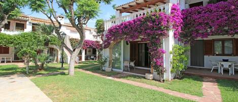 Un patio con un edificio blanco, césped verde y una pérgola cubierta de flores moradas.
