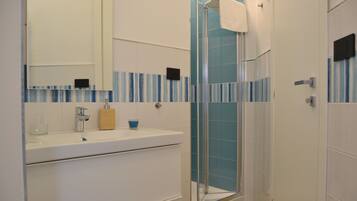 A modern bathroom with a glass shower enclosure, a white sink, and a mirror.