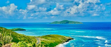 A coastal landscape with a road, greenery, and a distant island.