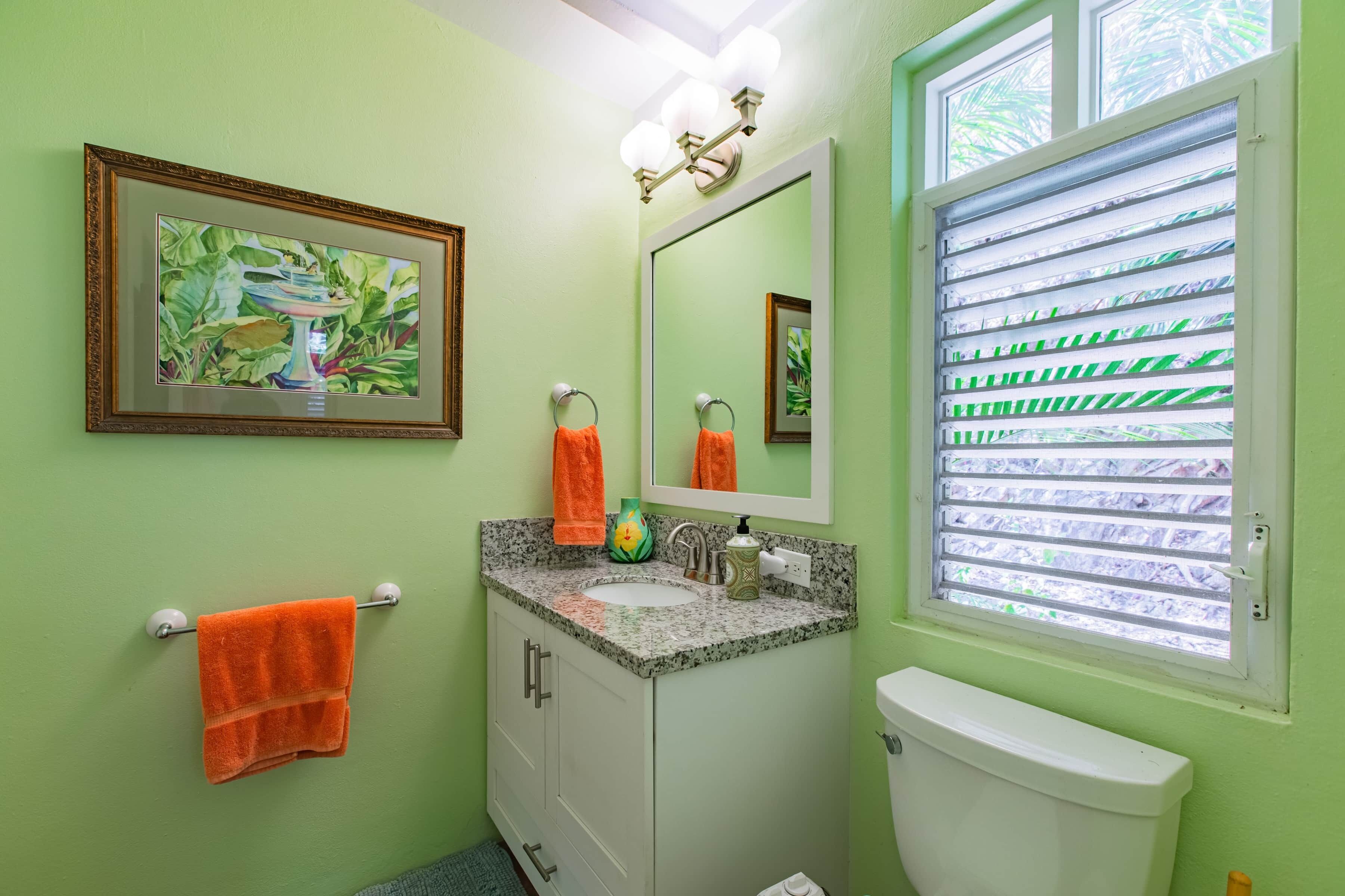 Un bagno con una parete verde, un quadro incorniciato, un lavabo con rubinetto, un water e una finestra con persiane.