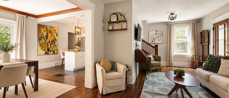 Smart TV, fireplace, books
