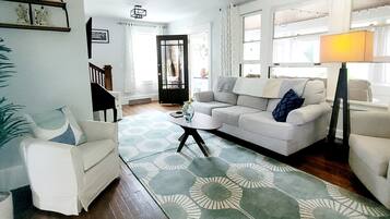 Smart TV, fireplace, books