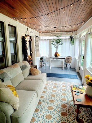 Smart TV, fireplace, books