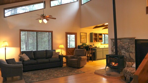 Smart TV, chimenea, reproductor de DVD y estéreo 