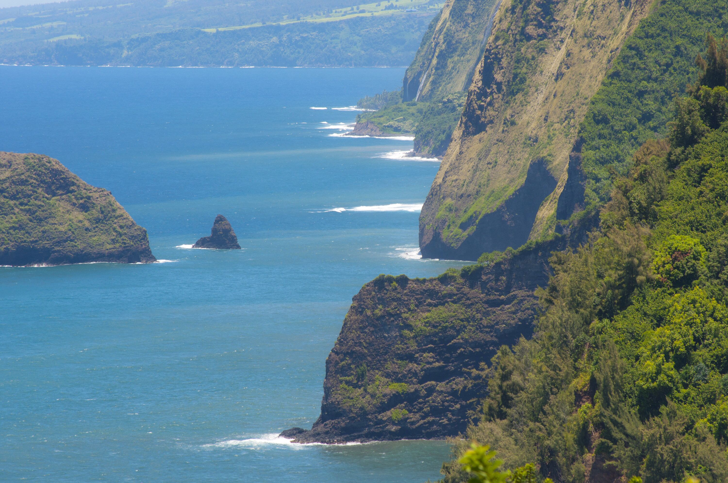 A coastal landscape with cliffs and a prominent rock formation in the water.