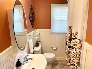 Combined shower/tub, hair dryer, towels, soap