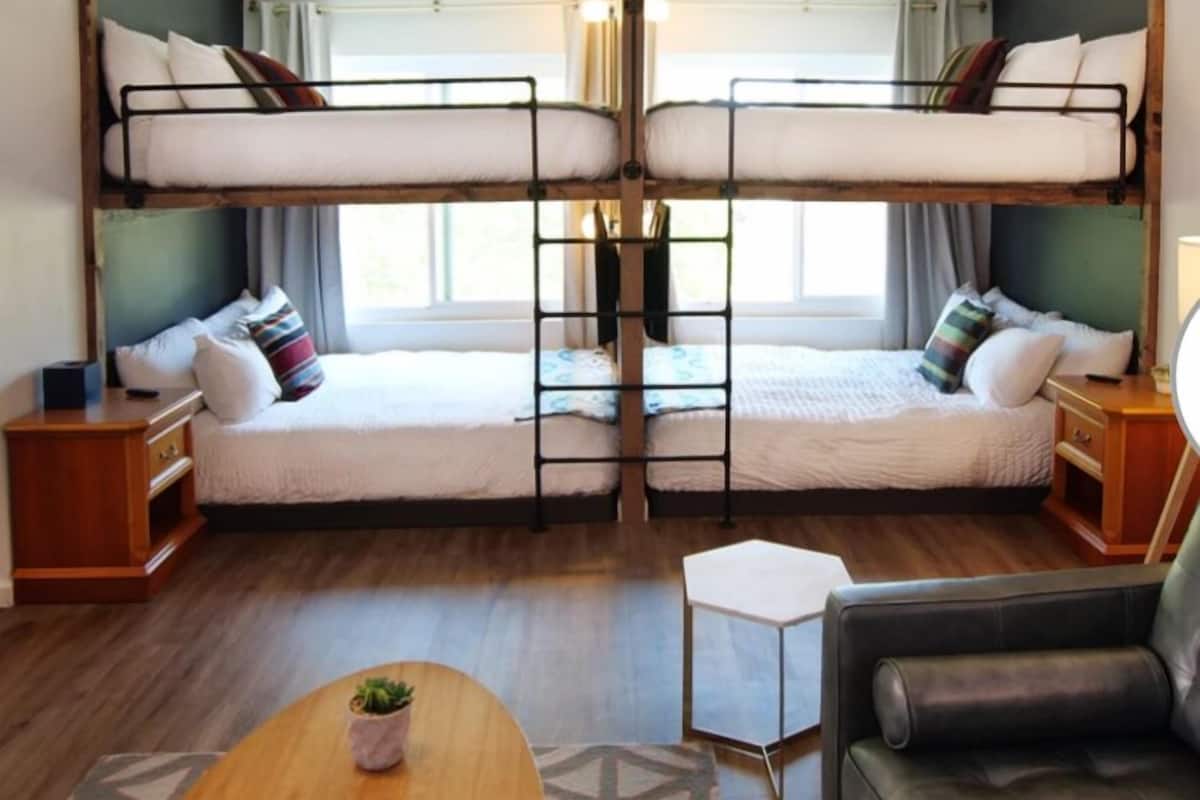 A room with two bunk beds, a small table with a plant, a sofa, and a ladder between the beds.