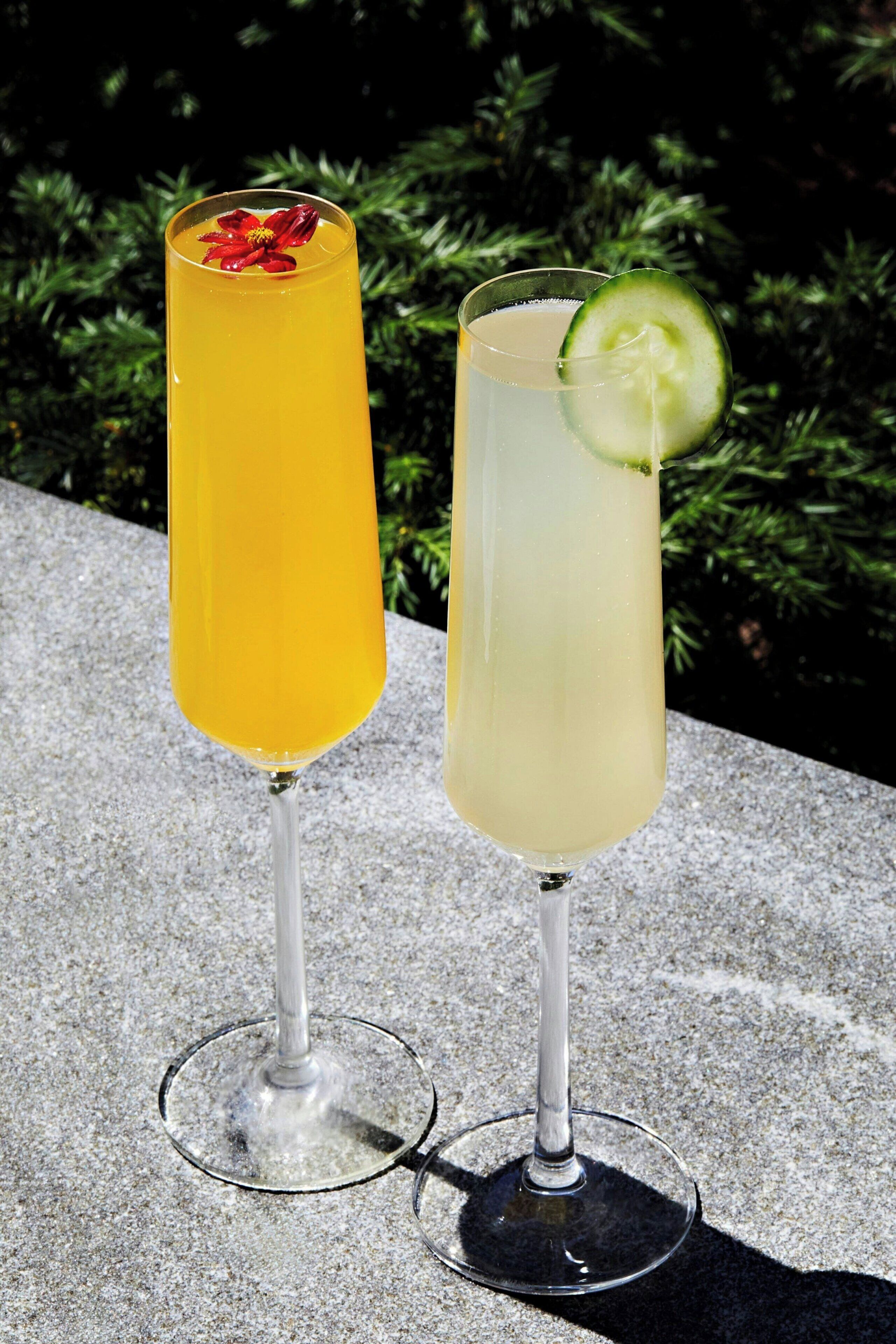 Two tall glasses of beverages on a stone surface with greenery in the background.