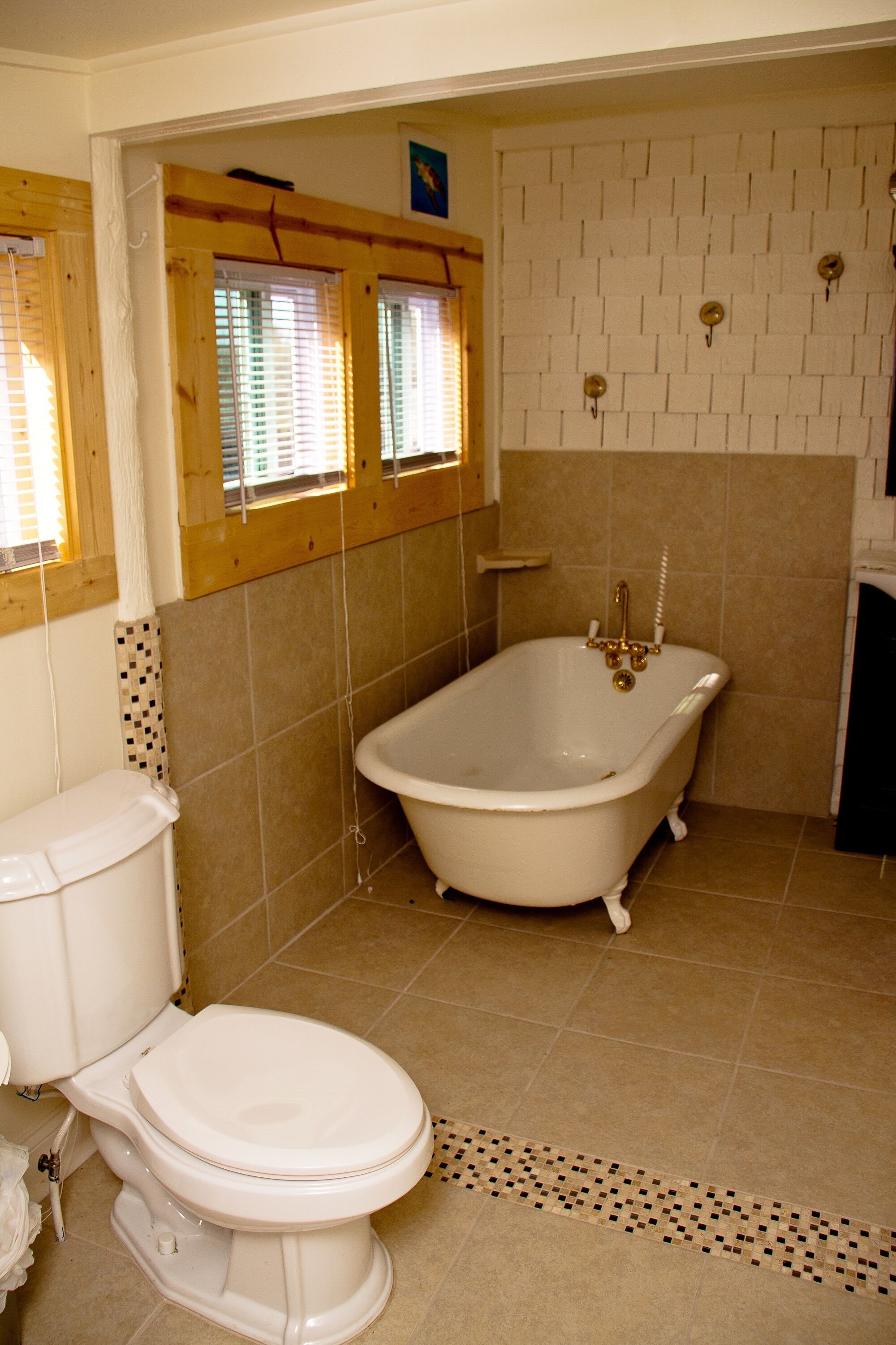 Bathtub, towels, soap, toilet paper