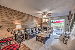 TV, fireplace, books