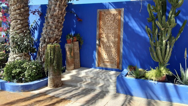 Un cortile con un muro blu, palme, cactus e una porta in legno finemente intagliata.