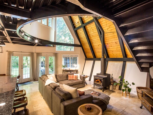 Smart TV, fireplace, books, video library