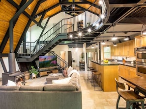 Smart TV, fireplace, books, video library