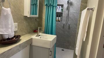 Douche, séchoir à cheveux, serviettes fournies, papier de toilette