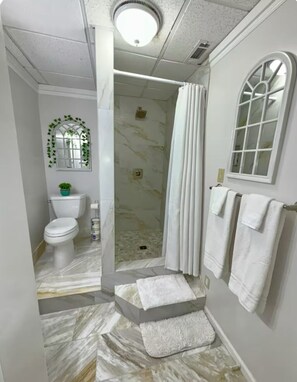 Shower, hair dryer, towels, soap
