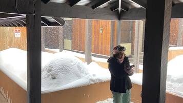 Un espace extérieur abrité, doté d’une structure en bois, d’une rambarde en métal et d’un sol recouvert de neige.