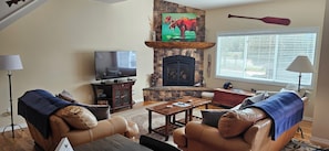 Smart TV, chimenea, reproductor de DVD y libros