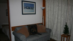 A living room with a grey sofa, a framed picture on the wall, a small wooden side table with a plant, and a grey rug on the floor.