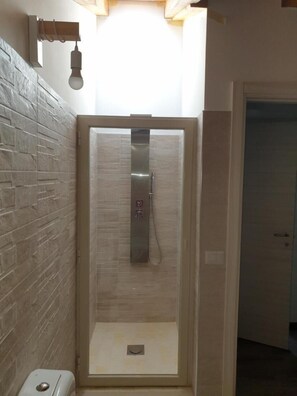 Combined shower/tub, hair dryer, towels
