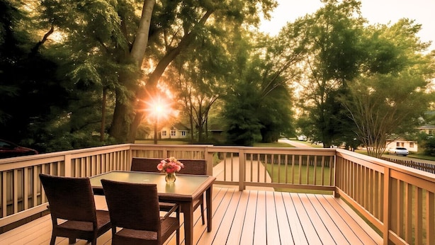 A wooden deck with a table and chairs, surrounded by trees and a view of a golf course. - Metropolitan City Home - Huge Private Backyard (Nashville)