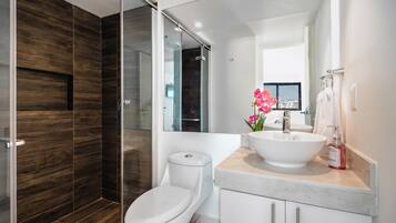 Shower, hair dryer, towels, soap
