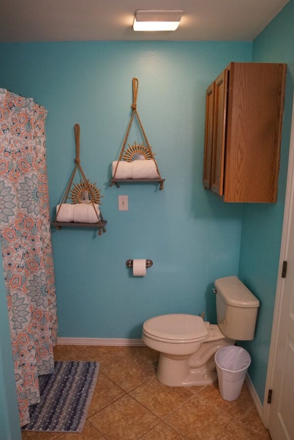 Une salle de bain équipée de toilettes, d’un porte-serviettes mural, d’un rideau de douche et d’une poubelle.