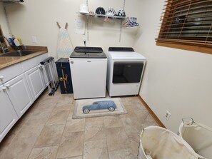Fridge, microwave, coffee/tea maker, paper towels