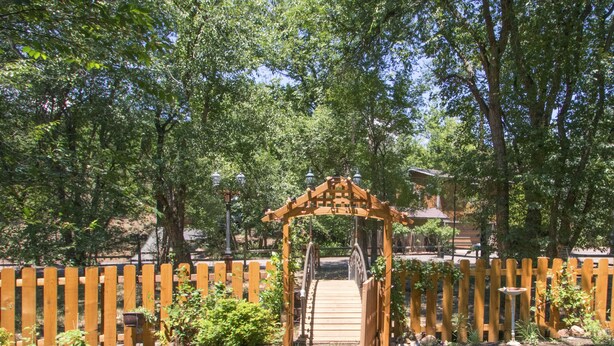 Une pergola en bois surmontée d’une treille, entourée d’une clôture en bois, et un jardin agrémenté de rochers et de plantes.