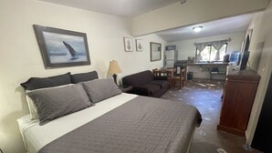 A hotel room with a bed, a sofa, a desk, and a kitchenette. - Cozy and comfy little house in the heart of Loreto (Loreto)