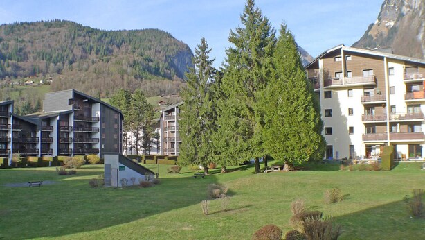 Un quartiere residenziale con edifici a più piani, un prato e una montagna sullo sfondo.