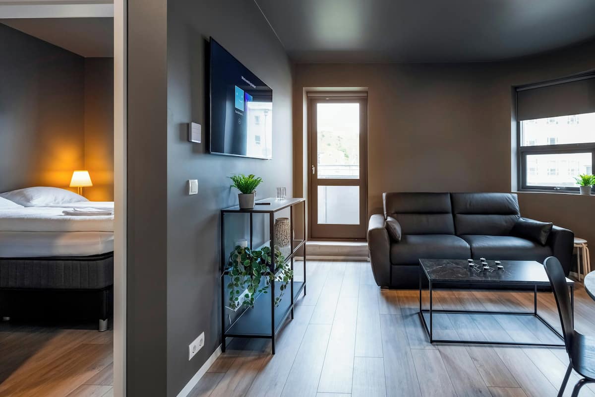 Leilighet – standard, 1 soverom, balkong | Oppholdsrom | En 55-tommers smart-TV med digitale kanaler samt TV