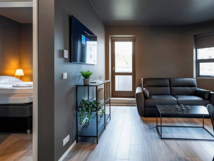 Leilighet – standard, 1 soverom, balkong | Oppholdsrom | En 55-tommers smart-TV med digitale kanaler samt TV