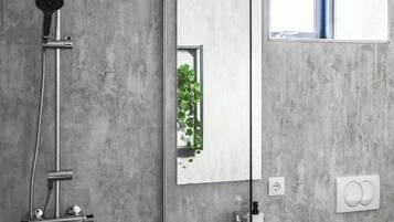 Shower, hydromassage showerhead, hair dryer, towels