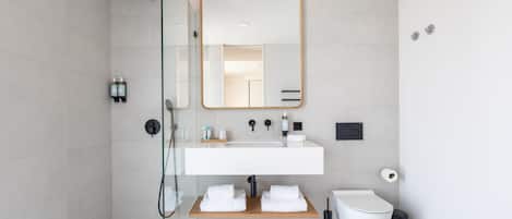 A modern bathroom with a glass-enclosed shower, a large mirror, a white sink, and a toilet.
