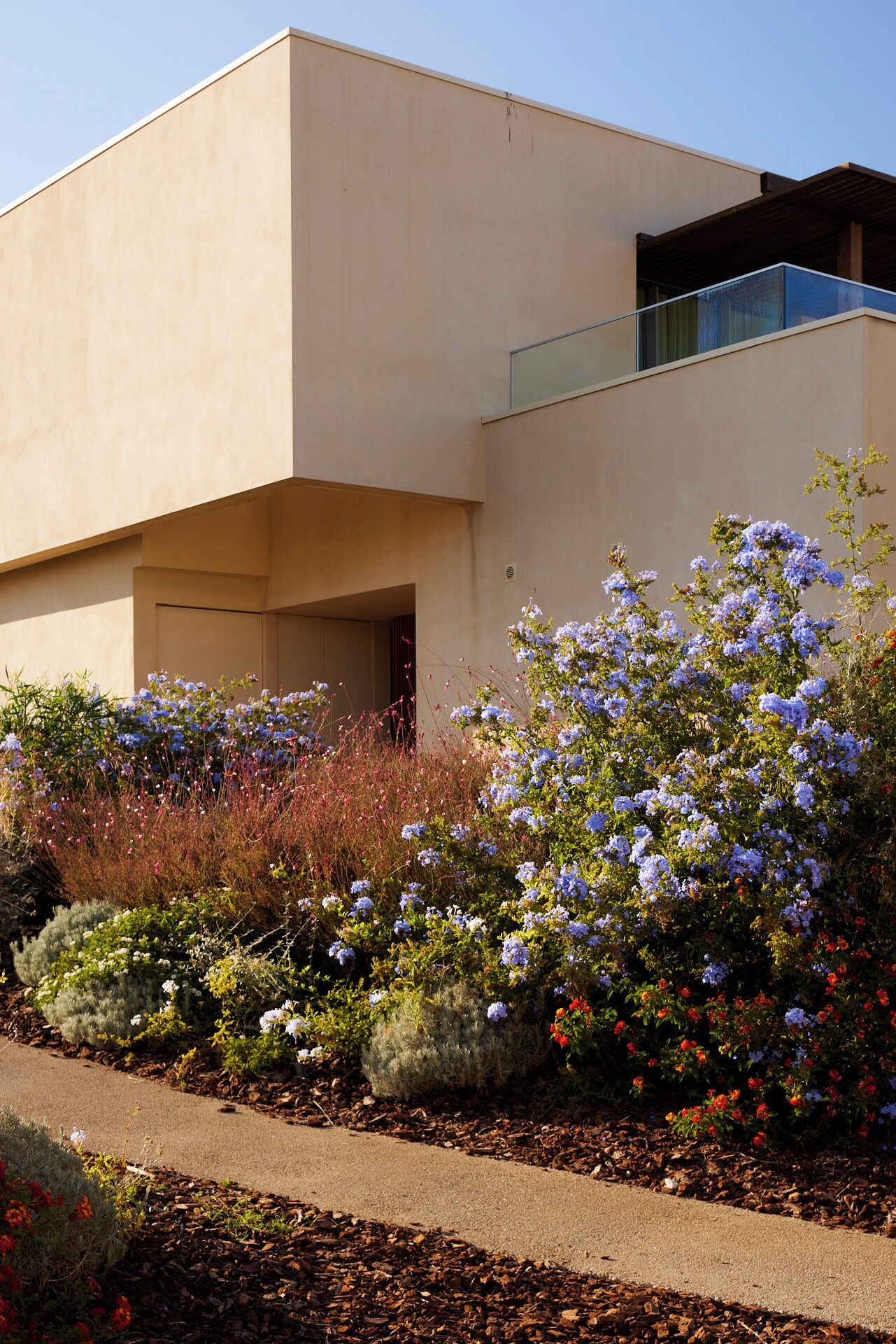 A modern building with a flat facade, a visible entrance, and a landscaped garden with various plants and flowers.