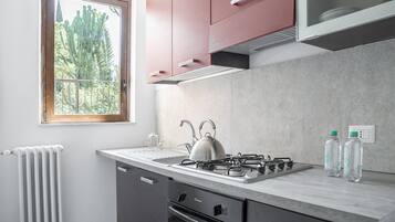 Apartamento | Cozinha privada | Geladeira grande, fogão, cooktop, chaleira elétrica