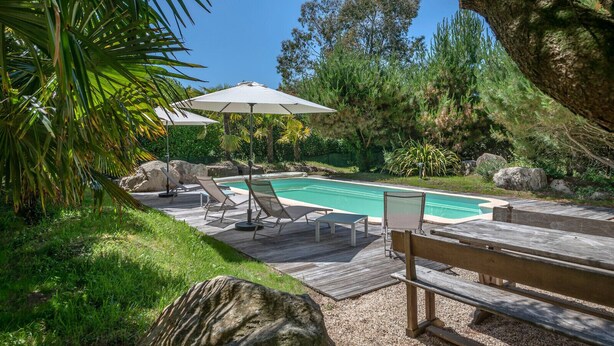 A swimming pool with lounge chairs and umbrellas, surrounded by greenery and rocks. - Superb house for 8 in Crach with swimming pool (Crach)