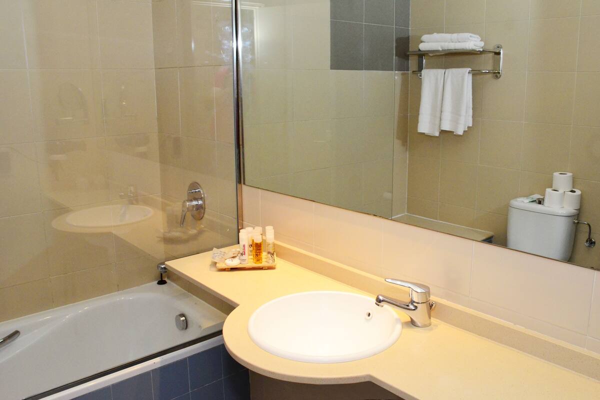 bathtub, free toiletries, hair dryer, towels