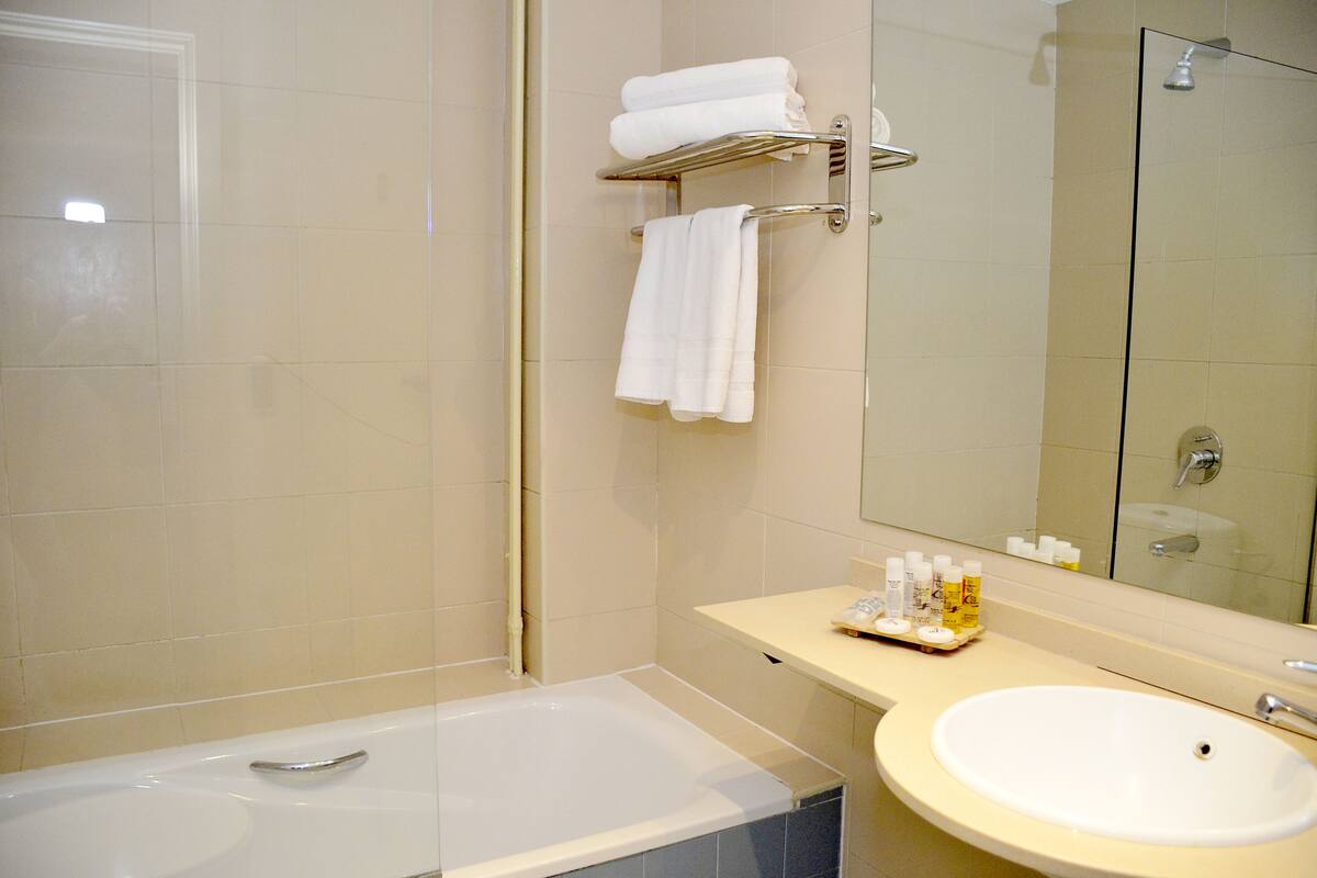 bathtub, free toiletries, hair dryer, towels