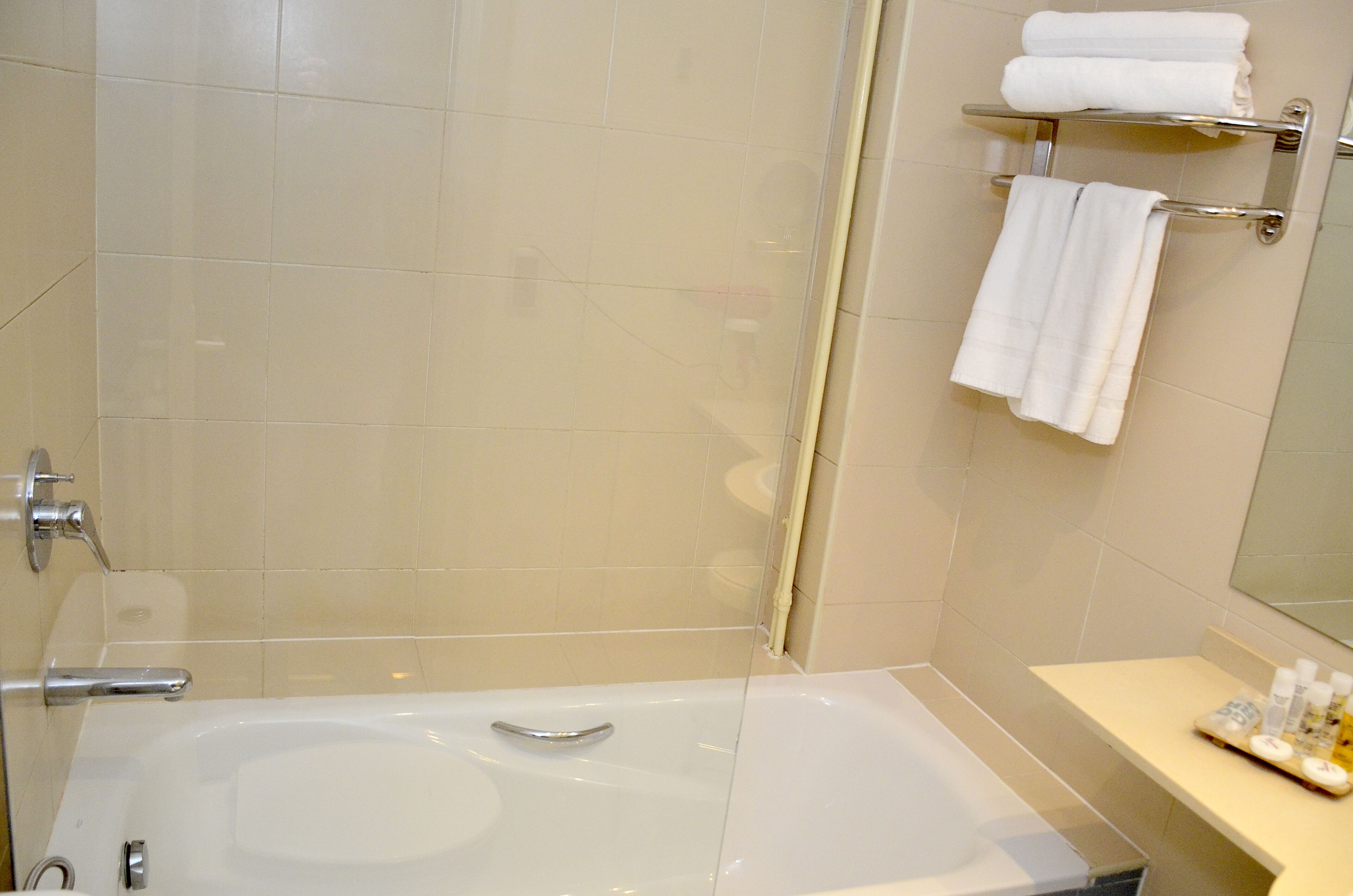 bathtub, free toiletries, hair dryer, towels