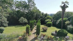 A garden with a gravel path, various shrubs, and a palm tree. - Maison Héouguère 29km from Dax and 15km from Orthez, and 5min from Amou (Castel-Sarrazin)