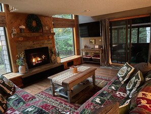 Smart TV, chimenea, biblioteca de música