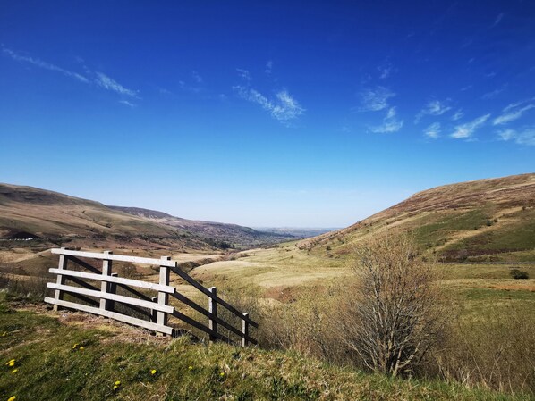 A rural landscape with a wooden gate, rolling hills, and a clear blue sky.