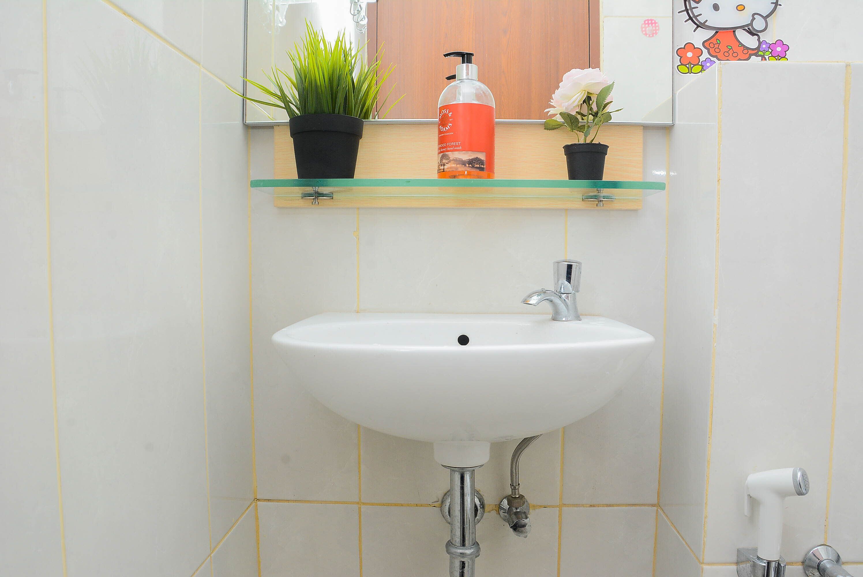 A bathroom with a white sink, a mirror, a potted plant, and a Hello Kitty decoration.