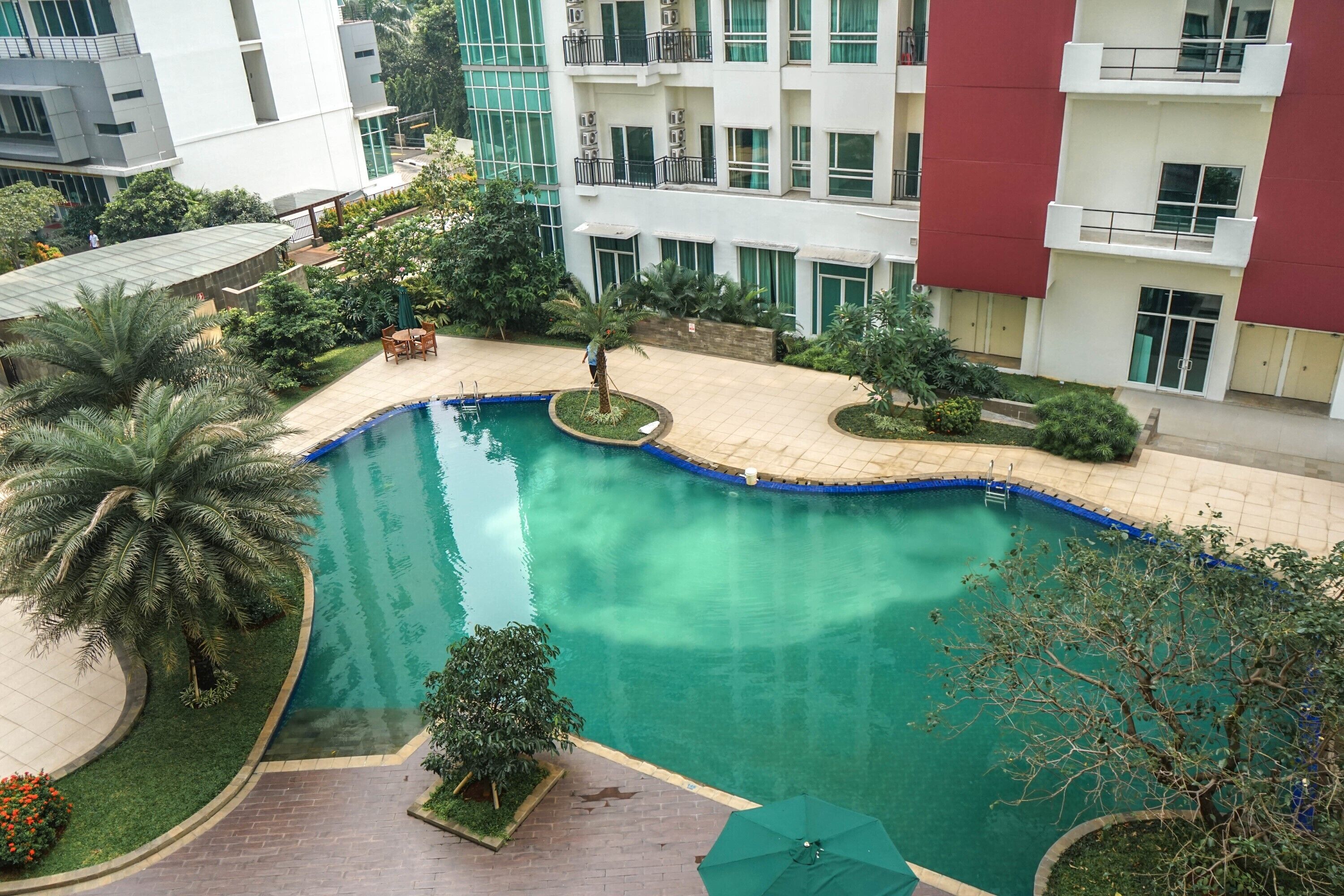 A swimming pool surrounded by greenery and modern buildings.