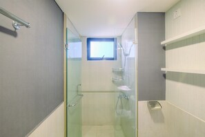 Room | Bathroom | Shower, free toiletries, towels - New Furnished and Minimalist 2BR + 1 Office Room at Meikarta Apartment (Cikarang)