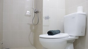 Een badkamer met een toilet, een douche en een toiletrolhouder.